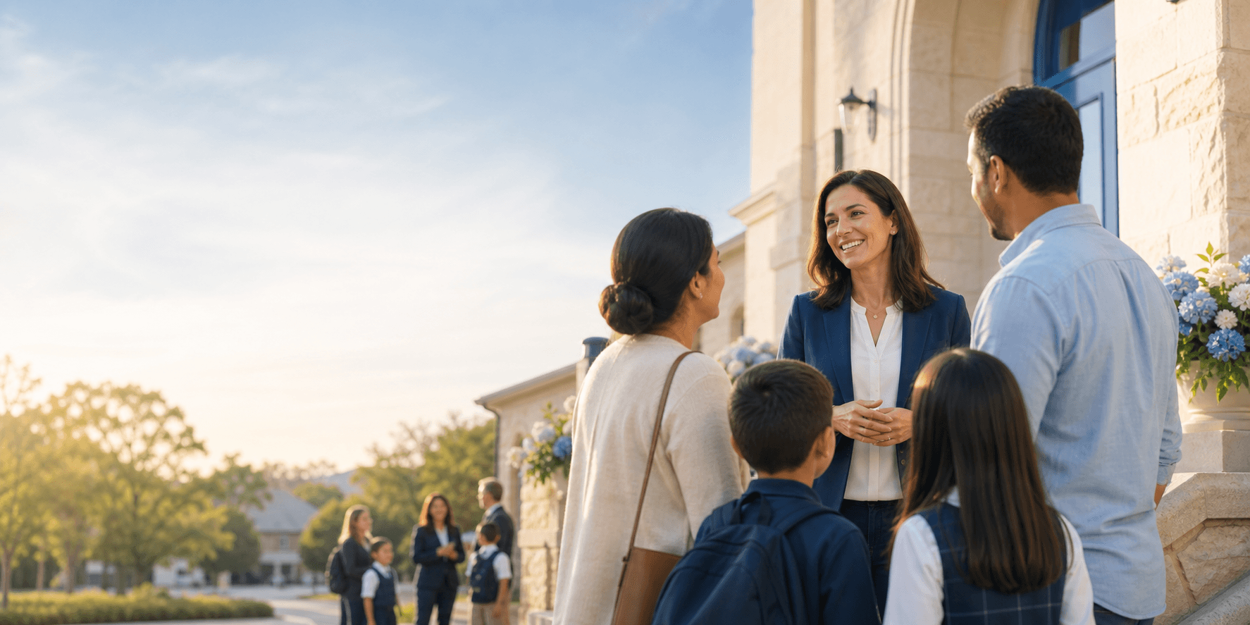 Parents and students gathered in a welcoming school community setting